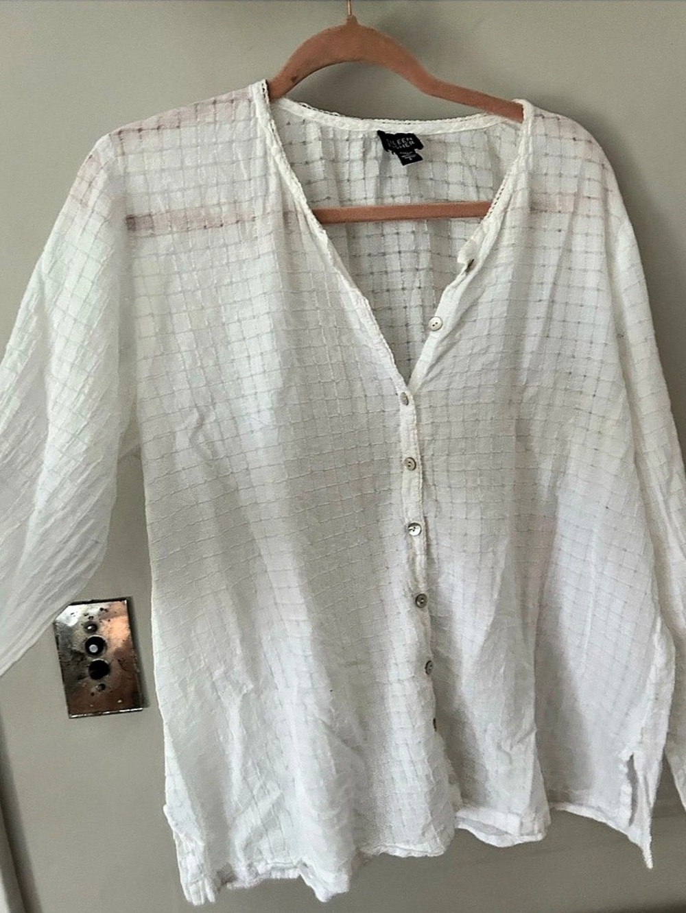 Eileen Fisher White Checkered Blouse